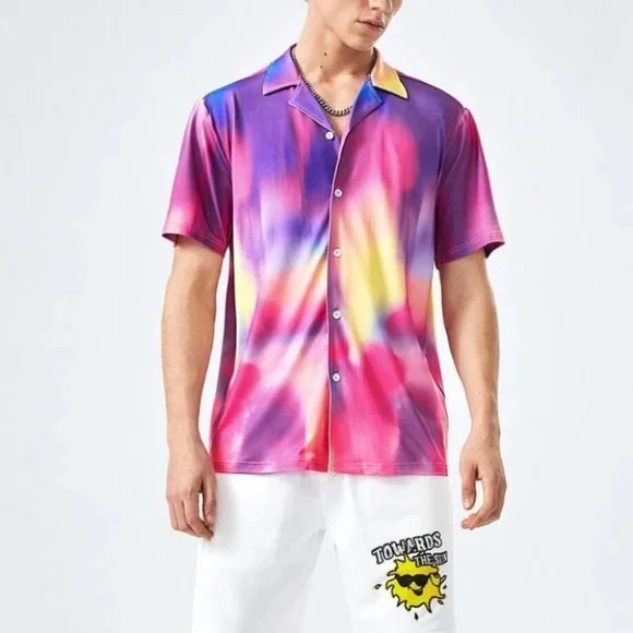 Purple Vacation Style Men's Tie Dye Shirt - Picture 4 of 4
